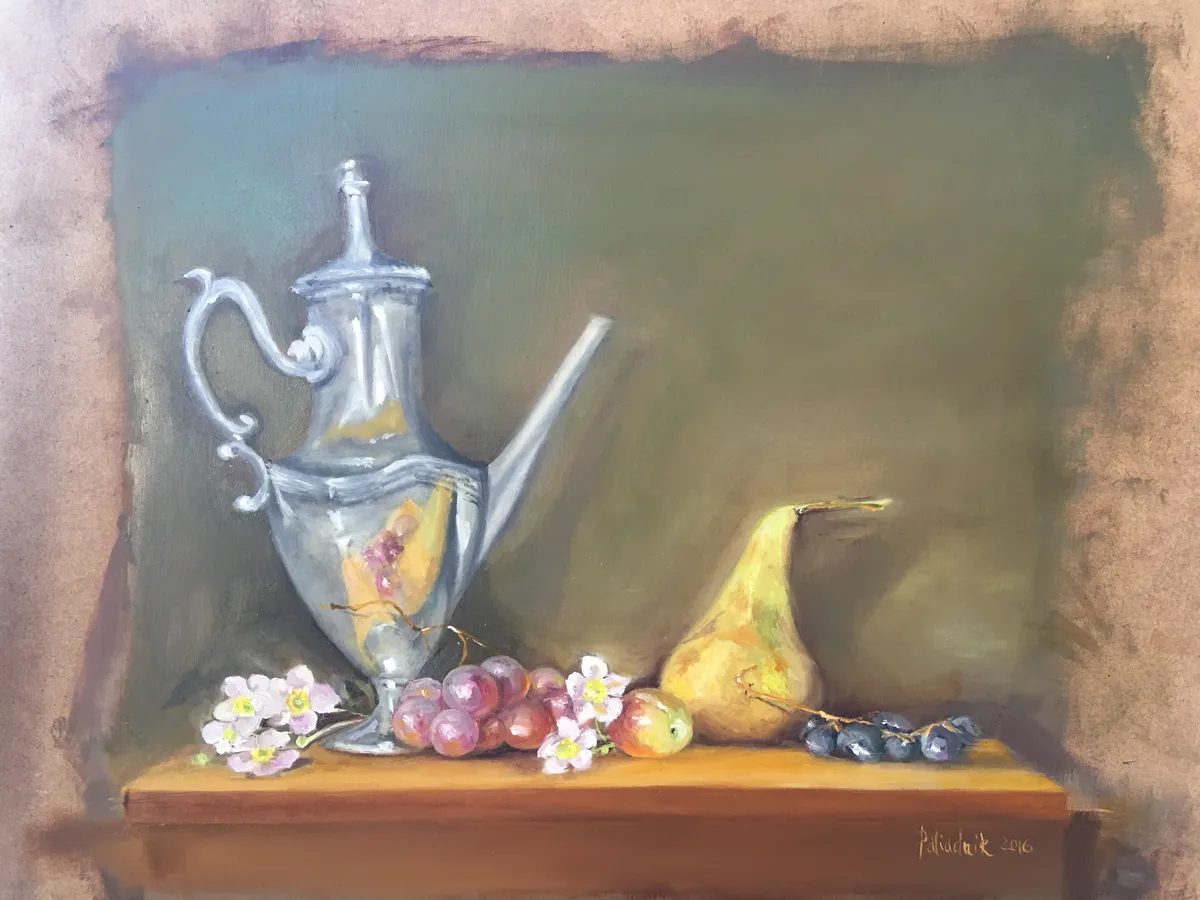 Still life painting with silver teapot, grapes, and pear